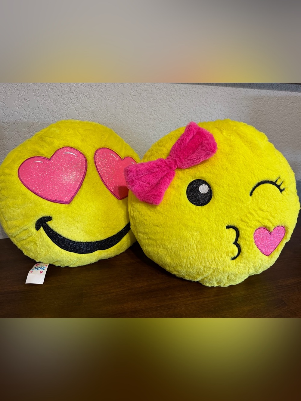 Justice Yellow Emoji Heart Eyes & Kiss Plush Accent Pillows with Pink Details